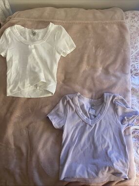 One Step Ahead Ribbed V-Neck & Scoop Short Sleeve Tees - White & Light Purple